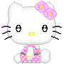Pixelated white cat with pink flower bow, yellow nose, black whiskers; left side shows open eyes, right side shows closed eyes and blush.