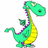 Pixelated green dinosaur with yellow underbelly, purple accents on neck and limbs, standing upright against white background.
