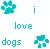 Static pixel art icon featuring a teal paw print, the word 'love' in light blue text, and the word 'dogs' in dark green text on a white background with faint pink stripes.