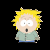 Pixelated cartoon character with spiky yellow hair and wide eyes on black background, next to blue with partial yellow text