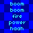 Blue pixelated background with repeating light blue text words arranged in vertical , displaying 'boom', 'fire', 'power', and 'haah' in a static pattern