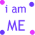 Pixelated text 'i am me' in purple, pink, and red appears with scattered blue and magenta dots on a white background.