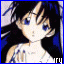 Anime-style character with long black hair and blue eyes, wearing a white sleeveless top with blue patterns, displayed in a of six with text labels