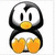 Pixelated penguin with black and white body, yellow beak and feet, and a small black mark on its head, positioned above blue text elements on a white background.