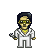 Pixel art character with dark hair, glasses, and a white outfit holding a checkered object against gray background.