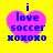 Four identical pixelated heart-shaped icons with blue text on a yellow background, each displaying 'i love soccer HXOXO' in blue block letters.