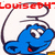 Blue cartoon character with white eyes and red mouth inside a white fishbowl with dark outline, red text above.