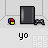 Pixelated animation of a dark gray rectangular object with a small colorful icon, transitioning through static frames to a colorful splatter effect on a gray background.