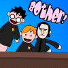 Animated sequence of three cartoon characters on a blue background with brown foreground, showing dynamic poses and changing text bubbles.