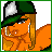 A 3x3 grid of pixel art frames showing a cartoon character with orange skin and green clothing in various poses, accompanied by repeated text phrases about putting something on the character.
