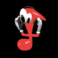 Red musical note-shaped avatar with white eyes and gray arms, animated in a sequence of poses against black background.