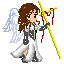 Pixel art angel with brown hair and white wings holding a yellow staff with red banner, wearing white robe over dark gray armor on gray background.