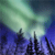 Pixelated abstract scene with greenish-blue sky transitioning to dark blue and purple ground, featuring indistinct vertical shapes resembling trees or structures.