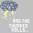 Pixelated storm cloud with yellow lightning and light blue raindrops above text reading "AND THE THUNDER ROLLS..." in white and yellow lettering.