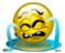Yellow spherical emoji with closed eyes, furrowed brows, and gritted teeth crying blue tears against a white background.
