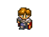 Pixelated character with blonde hair and armor, holding a red and yellow object, standing against gray background.