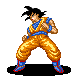 Pixel art of a character in an orange martial arts uniform with blue accents, shown in two sequential poses against a gray background.