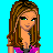 Pixel art character with long brown hair, green eyes, and a pink crop top over white pants against cyan background.