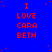 Blue background with red pixelated text repeating 'I LOVE CARA BETH' in a pattern, scattered red dots, and a gray rectangle in the bottom-right corner