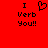 Red background with black pixelated text 'I Verb You!!' and a heart symbol in the top center.
