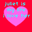 Four identical pixelated heart-shaped icons with cyan text on a red background, each displaying 'juliet is my life i love her' in blocky font.
