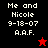 Pixelated text displays 'Me and Nicole 9-18-07 A.A.F.' on black, red, and dark red backgrounds with a star symbol.