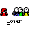 A 4x4 contact sheet of pixel art frames showing a red character with white eyes and black pupils, alongside three smaller characters in blue, green, and yellow, all labeled "Loser" beneath each frame.