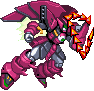 Pixelated mecha with pink and gray armor, silver joints, green accents, firing orange projectiles from its right arm against a light gray background.