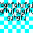 Pixelated text strings repeat across a cyan and white checkered background with subtle animation effects.