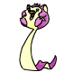 Animated cartoon creature with yellow body and purple flower-like head, displaying sequential mouth movements against gray background.