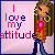 Pixelated static buddy icon featuring a cartoon girl with long brown hair and hoop earrings standing next to pink and blue text reading "I love my attitude" on a light pink background with dark blue border.