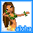 Pixel art contact sheet of six animated frames showing a hula dancer with green leaf accessories and yellow skirt, each frame labeled "aloha" in blue text.