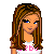 Pixel art of a female character with long brown hair, blue eyes, and pink text on her shirt, standing next to large pink letters and squares.