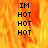 Pixelated text 'IM HOT' repeated four times on a fiery orange-yellow background with visible flame-like patterns.