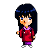 Pixel art character in red robe with purple accents, long dark hair, blue eyes; two states show ears and tail addition.