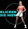 A woman in a red top and white skirt stands with hands on hips, surrounded by cyan text "KLICKEN SIE HIER" inside teal circles on black background.
