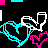 Pixelated static icon featuring overlapping cyan and pink heart outlines with white wine glass shapes on a black background, accompanied by small colored squares in the top corners.