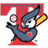 Pixelated cartoon character in blue uniform with red accents holding a bat, standing before large red 'T' on white background; green text reads Original Icons .com on dark green backdrop.