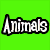 Green background with 'Animals RULE' text above six animal images: two cats, a dog, guinea pig, and horse.