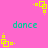 Pixelated yellow square shapes animate on a pink background with repeated teal 'dance' text.