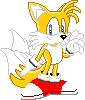 Four pixel-art frames of a yellow fox-like character with white muzzle, chest, and tail tip standing on red-and-white shoes against gray background.