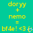 Yellow pixelated text on teal background shows 'doryy + nemo = bf4e! <3' with a heart symbol changing from purple to blue.