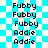 Pixelated text displays 'Fubby' and 'Addie' in black on a cyan-and-white checkered background with visible pixelation.