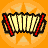 Pixelated accordion icon with red borders and beige keys on orange background, showing animation frames where the instrument's bellows contract and expand.
