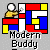 Pixelated icon with abstract geometric shapes in red, blue, yellow, and white, a stylized figure with a white head and yellow body, and 'Modern Buddy' text below.