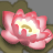 Pixelated pink flower with layered petals, yellow and white center, green leafy background on gray backdrop.