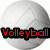 A volleyball-themed icon with red text overlays on a white background, showing two distinct states of the ball's surface and text placement.