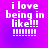 Pixelated text on a purple gradient background with four identical showing 'i love being in like!!!' and six exclamation marks below