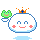 Pixelated green frog in white pot, white cloud-like character with blue crown and red cheeks, four variations showing frog position changes.