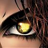 Close-up of a stylized human eye with golden-yellow iris and dark brown hair strands, rendered in digital art style on transparent background.